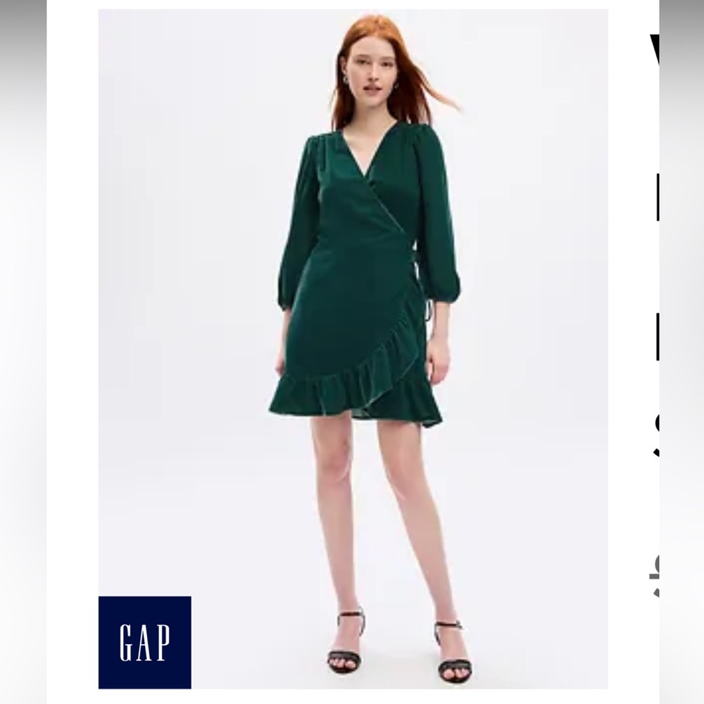 Green velvet wrap dress. Long sleeves, no pockets.